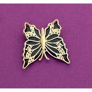 Vintage Gothic Butterfly Black and Gold Tone Brooch - Q3